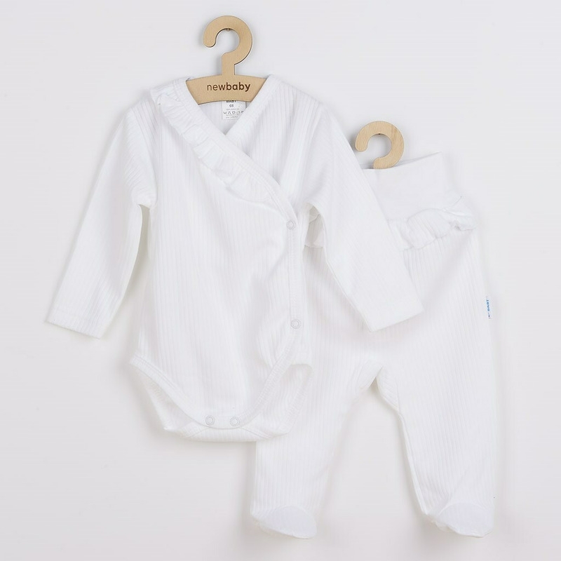 Set 2 piese: body cu maneca lunga si pantalonasi cu botosei, Cu volanase, Marime 62, Din bumbac 100%, New Baby, Stripes White