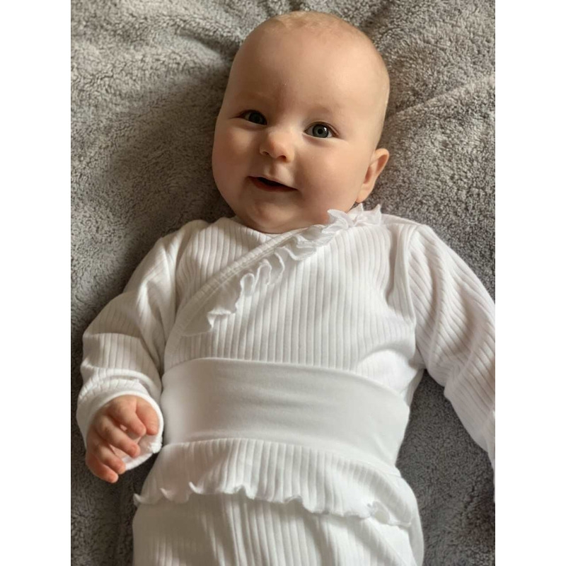 Set 2 piese: body cu maneca lunga si pantalonasi cu botosei, Cu volanase, Marime 62, Din bumbac 100%, New Baby, Stripes White