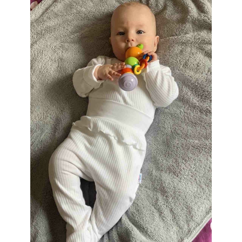 Set 2 piese: body cu maneca lunga si pantalonasi cu botosei, Cu volanase, Marime 62, Din bumbac 100%, New Baby, Stripes White