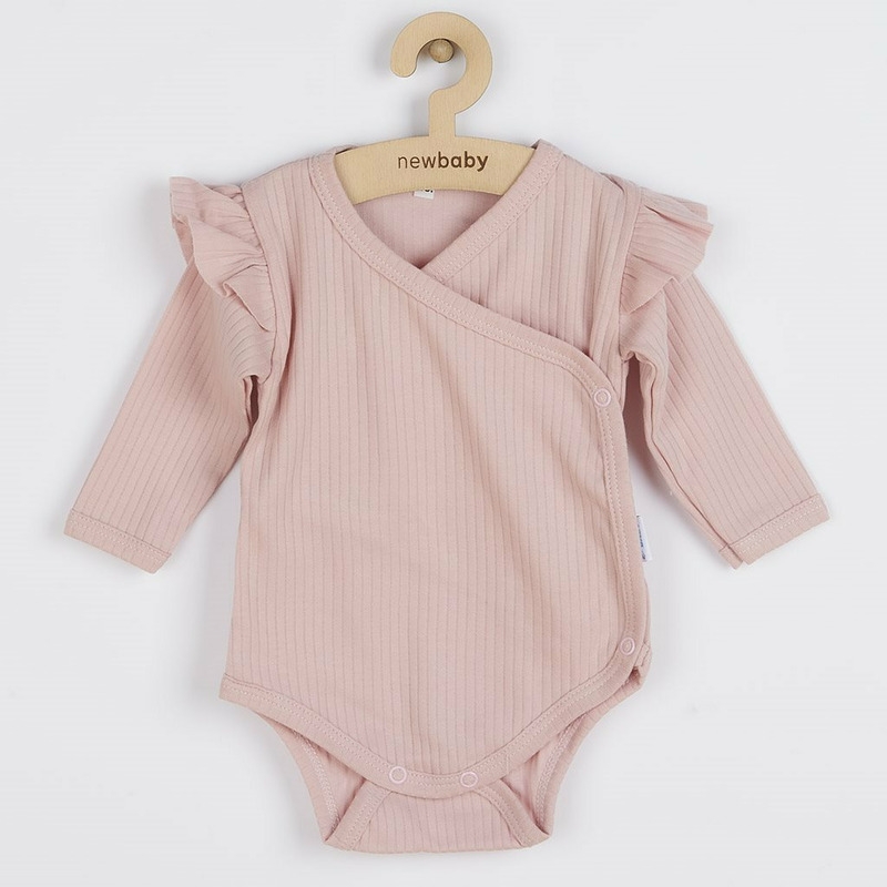 Set 2 piese: body cu maneca lunga si volanas, pantaloni cu botosei, Marime 62, Din bumbac 100%, New Baby, Practical Pink
