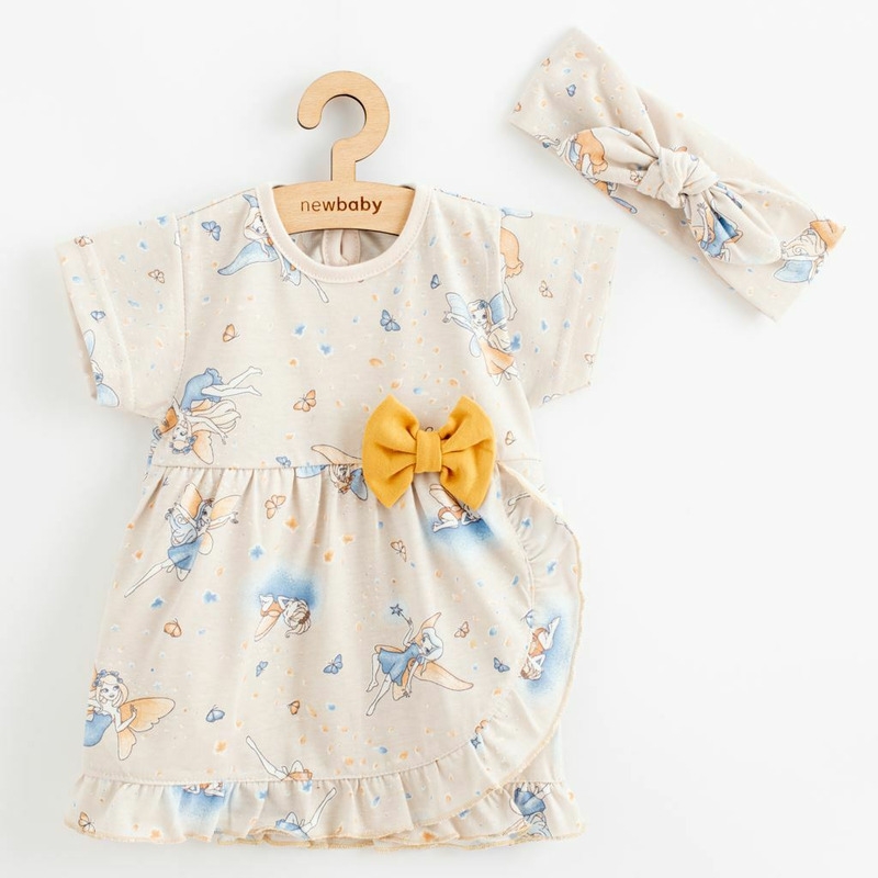 Set 2 piese: rochita pentru fetite cu fundita, bentita pentru cap, Marime 68, Din bumbac 100%, New Baby, Fairy