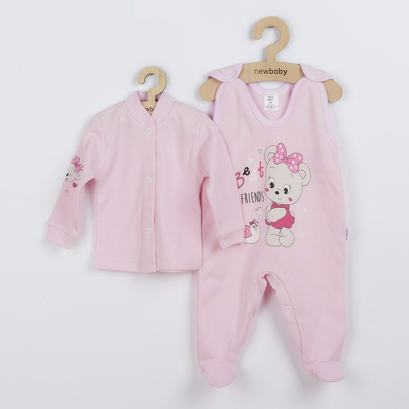 Set 2 piese: salopeta fara maneci, bluza, Marime 62, Din bumbac 100%, New Baby, Mouse Pink