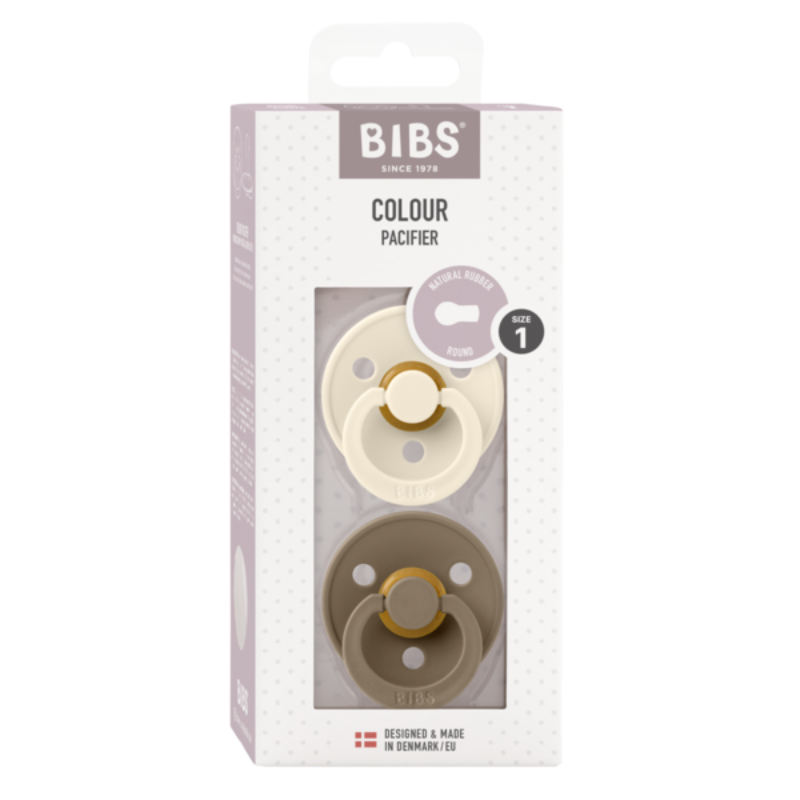 Set 2 suzete cu tetina rotunda Colour Latex, +0 luni, Ivory/Dark Oak, Bibs