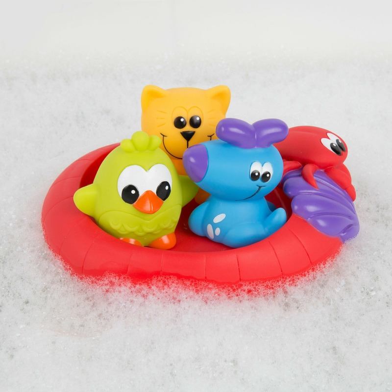 Set 3 animalute de baie si barca plutitoare, Fara gauri, Cu gentuta pentru transport, Fara BPA, Splash and Float Friends, Playgro, Multicolor