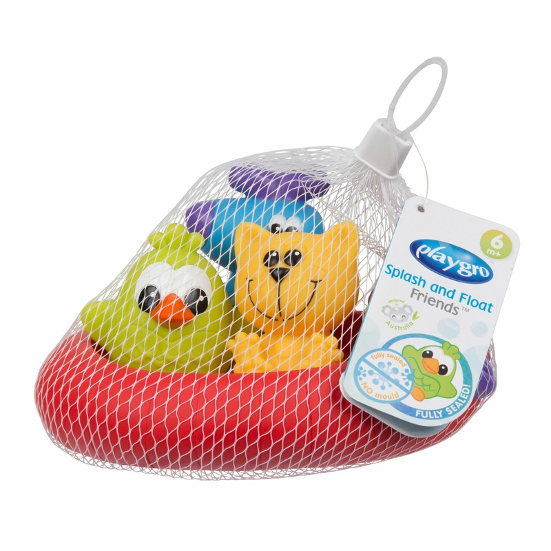 Set 3 animalute de baie si barca plutitoare, Fara gauri, Cu gentuta pentru transport, Fara BPA, Splash and Float Friends, Playgro, Multicolor