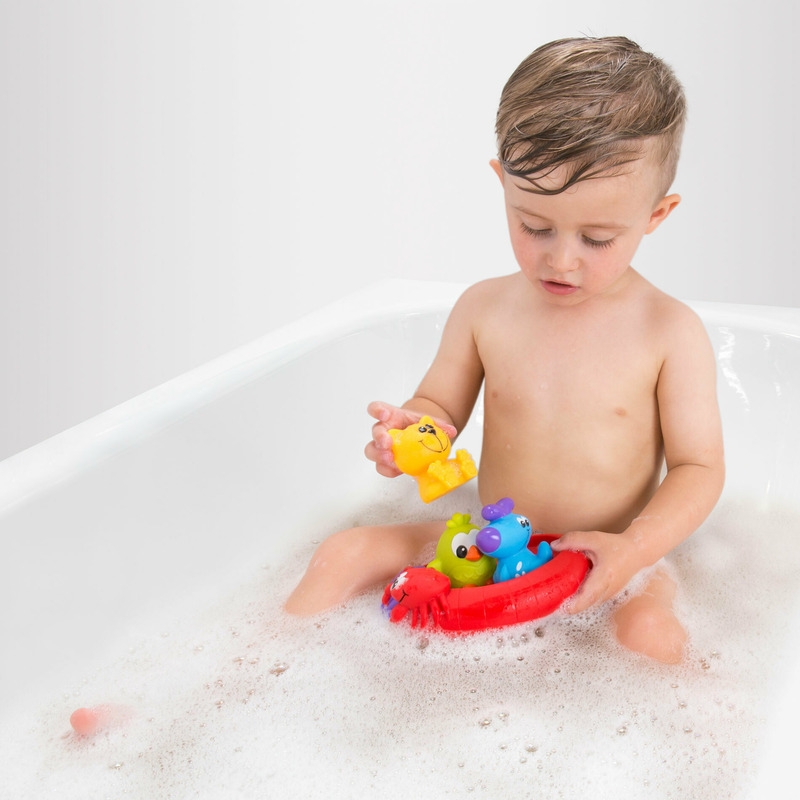 Set 3 animalute de baie si barca plutitoare, Fara gauri, Cu gentuta pentru transport, Fara BPA, Splash and Float Friends, Playgro, Multicolor