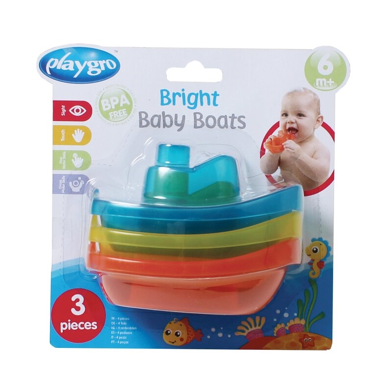 Set 3 jucarii de baie, Playgro, Include 3 barcute colorate, Cu gauri pentru a se revarsa apa, 6 luni+, Bright Baby Boats