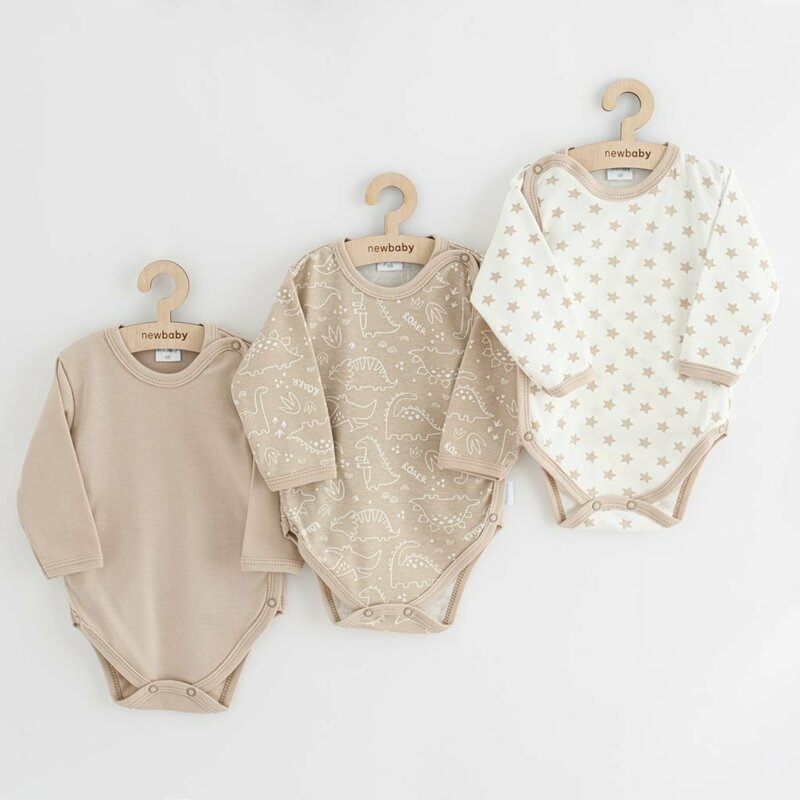 Set 3 piese, New Baby, Classic II, Include 3 body-uri cu maneca lunga, Marime 56, Din bumbac 100%, Beige