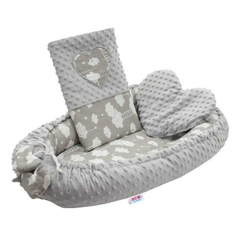 Set 3 piese, New Baby, Luxury, Baby Nest cu doua fete, Cu paturica si pernuta in forma de inima, Minky Heart Cloud