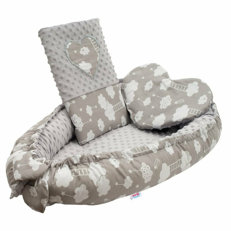 Set 3 piese, New Baby, Luxury, Baby Nest cu doua fete, Cu paturica si pernuta in forma de inima, Minky Heart Cloud