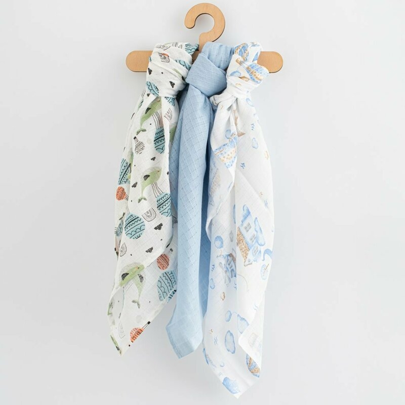 Set 3 scutece, New Baby, Multifunctionale, Din bumbac 100%, Material certificate Oeko Tex Standard 10070x80 cm, Multicolor, Boy