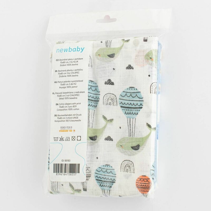Set 3 scutece, New Baby, Multifunctionale, Din bumbac 100%, Material certificate Oeko Tex Standard 10070x80 cm, Multicolor, Boy