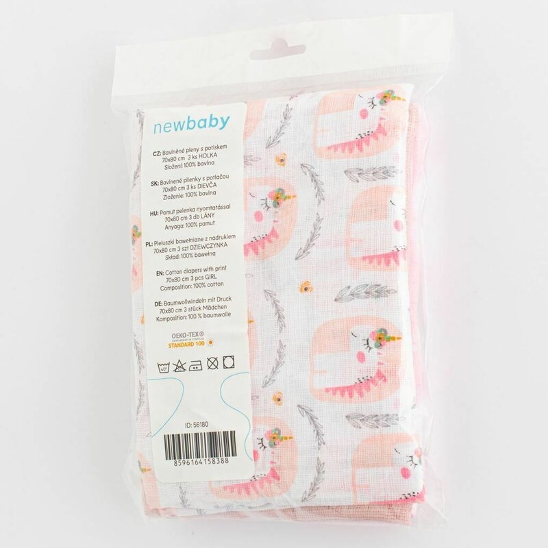 Set 3 scutece, New Baby, Multifunctionale, Din bumbac 100%, Material certificate Oeko Tex Standard 10070x80 cm, Multicolor, Girl