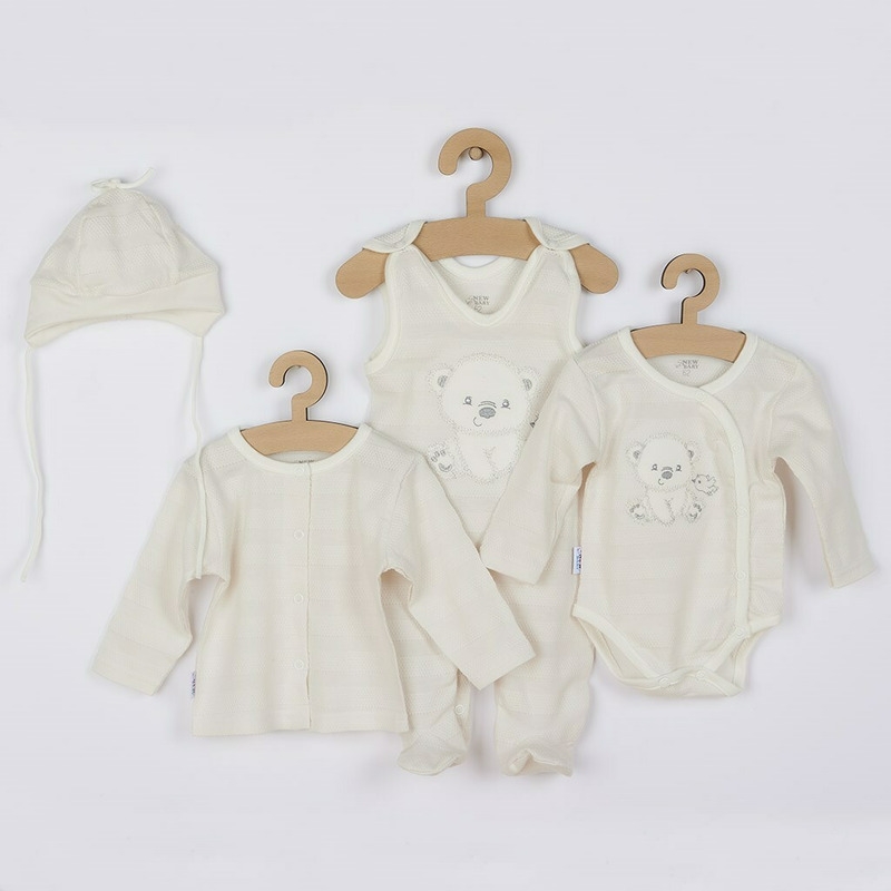 Set 4 piese: bluza, body cu maneca lunga, salopeta fara maneci, caciulita, Marime 56, Din bumbac 100%, New Baby, Sweet Bear Beige