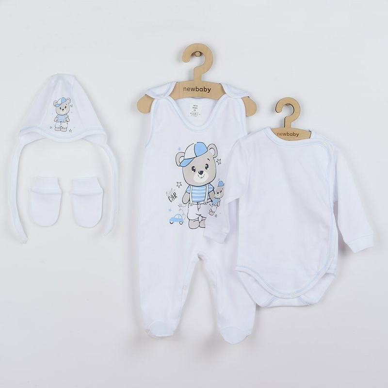 Set 4 piese: body cu maneca lunga, salopeta fara maneci, caciulita, manusi, Marime 56, Din bumbac 100%, New Baby, Teddy Bear