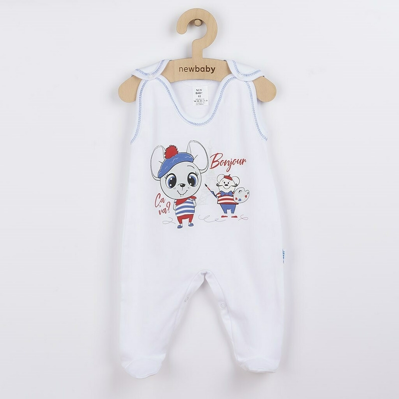 Set 4 piese: body cu maneca lunga, salopeta fara maneci, caciulita, manusi, Marime 56, Din bumbac 100%, New Baby, Bonjour