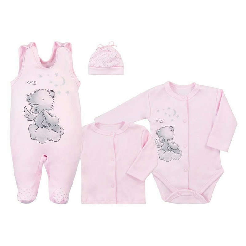 Set 4 piese, Salopeta fara maneci, jacheta, body cu maneca lunga, caciulita, Marime 56, Din bumbac 100%, New Baby, Angel Pink