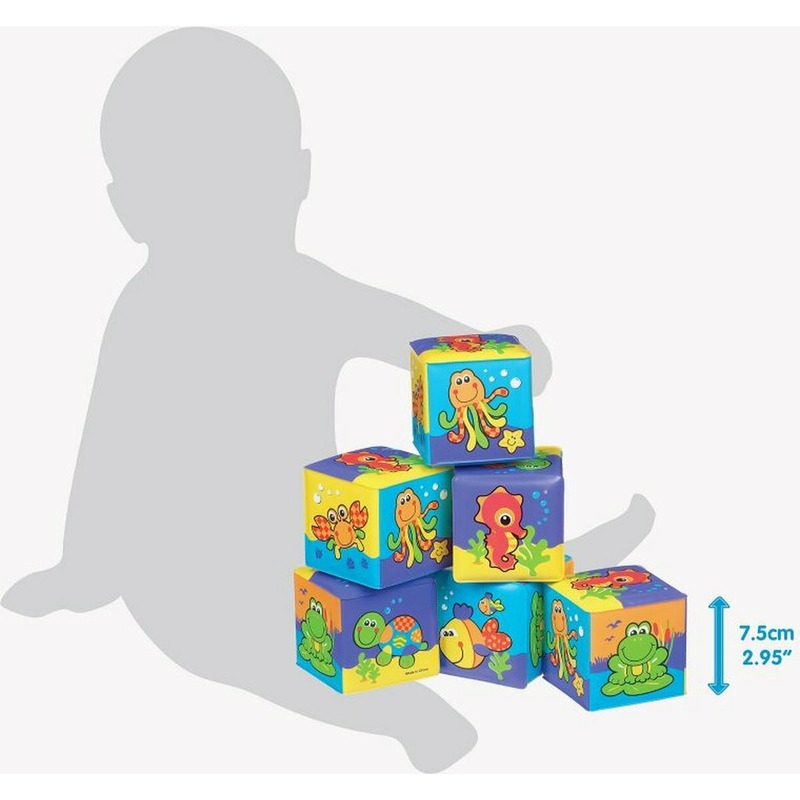 Set 6 cuburi noi pentru baie, Cu litere si cifre, Dimesiune 7.5 cm fiecare cub, Splash and Learn Soft blocks for bath, Playgro