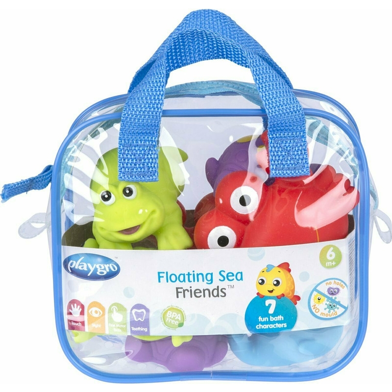 Set 7 animalute de baie, Fara gauri, Cu gentuta pentru transport, Fara BPA, Floating Sea Friends, Playgro, New Blue