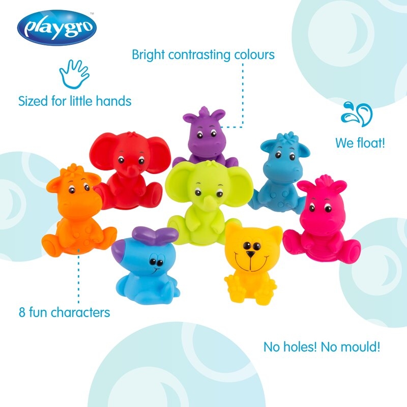 Set 8 jucarii de baie, Playgro, Animalute, Fara gauri, Culori contrastante, Stimuleaza imaginatia si abilitatile motorii, 6 luni+, Jungle Fun Friends