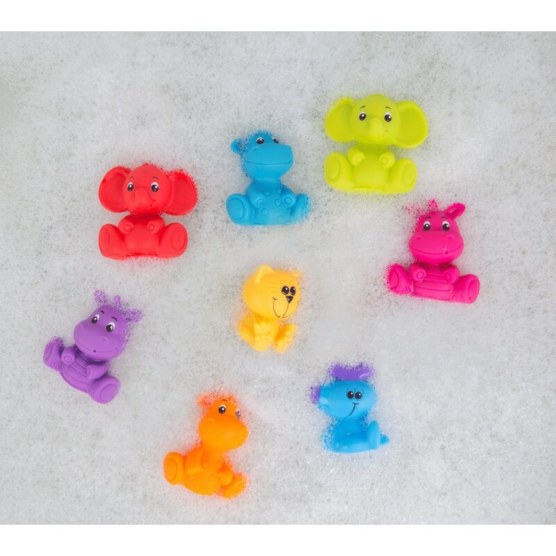 Set 8 jucarii de baie, Playgro, Animalute, Fara gauri, Culori contrastante, Stimuleaza imaginatia si abilitatile motorii, 6 luni+, Jungle Fun Friends