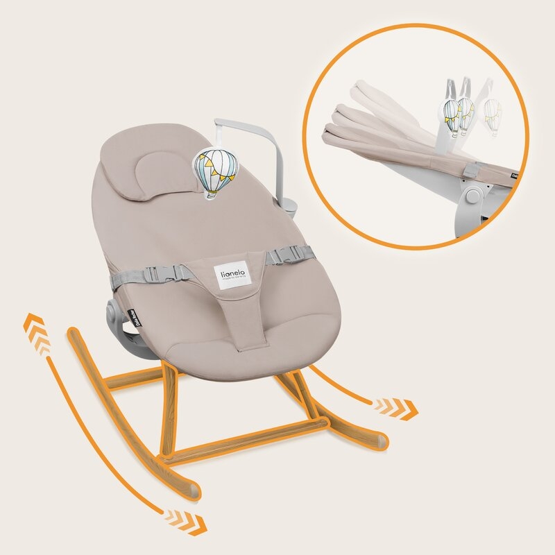 Set balansoar si scaun de masa, Lionelo, Dalia, Scaun cu 2 suporturi pentru picioare, Cu tavita, Balansoar 4 in 1 cu inaltime reglabia si bara cu jucarii, Conform cu EN14988, EN1888-1 EN1888-2, EN1466, Gri