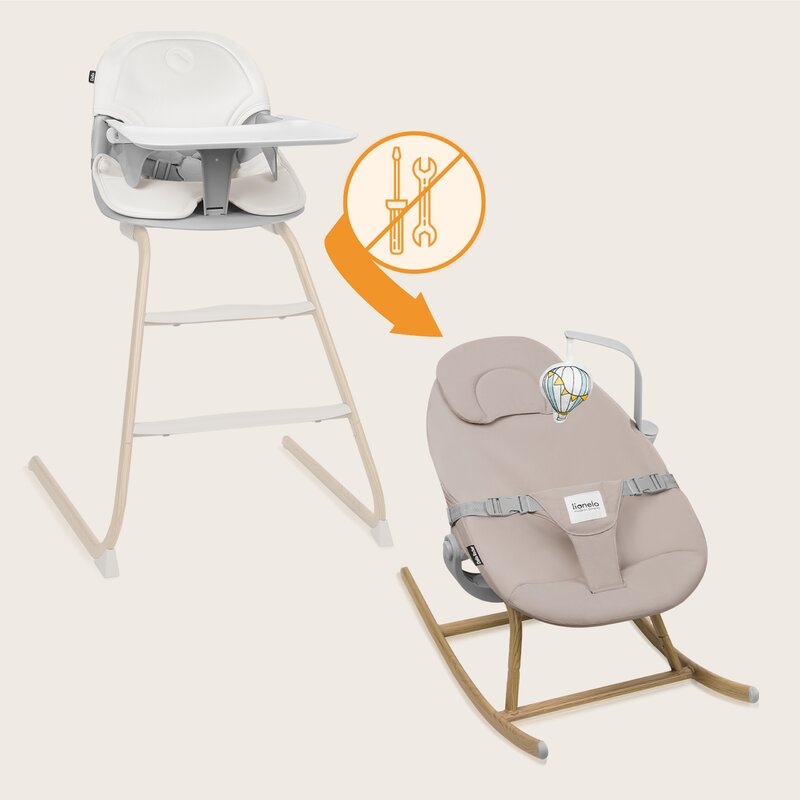 Set balansoar si scaun de masa, Lionelo, Dalia, Scaun cu 2 suporturi pentru picioare, Cu tavita, Balansoar 4 in 1 cu inaltime reglabia si bara cu jucarii, Conform cu EN14988, EN1888-1 EN1888-2, EN1466, Gri