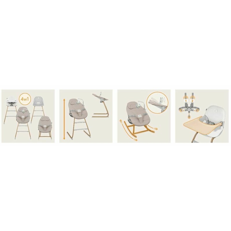 Set balansoar si scaun de masa, Lionelo, Dalia, Scaun cu 2 suporturi pentru picioare, Cu tavita, Balansoar 4 in 1 cu inaltime reglabia si bara cu jucarii, Conform cu EN14988, EN1888-1 EN1888-2, EN1466, Gri
