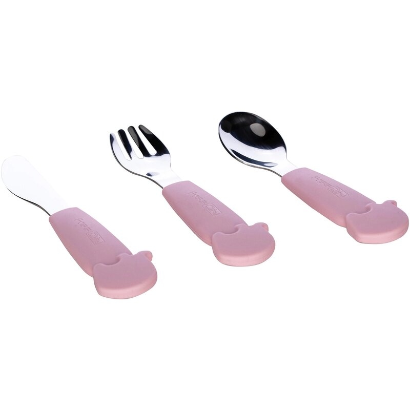 Set de 3 tacamuri din inox inoxidabil, Cu manere din silicon, 6 luni +, Elephant, Conform cu standardul european de securitate EN14372:2004, FreeON, Pink