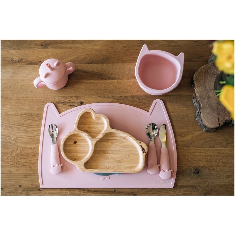 Set de 3 tacamuri din inox inoxidabil, Cu manere din silicon, 6 luni +, Elephant, Conform cu standardul european de securitate EN14372:2004, FreeON, Pink