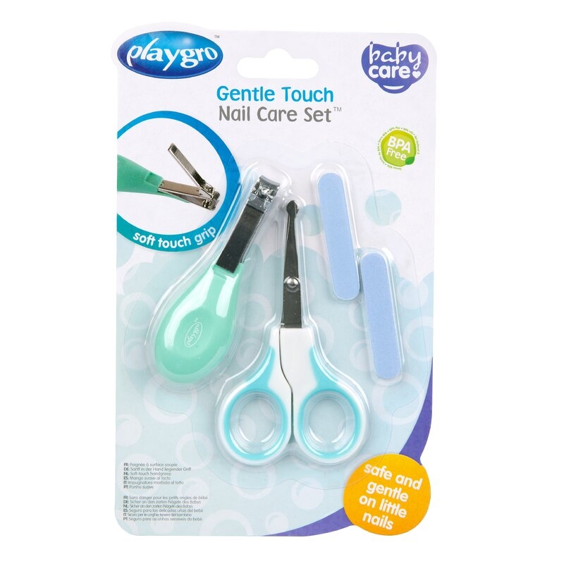 Set de ingrijire, Playgro, Include unghiera, fofecuta si doua pile, Cu manere moi si confortabile, Capete rotunjite la forfecuta, 0 luni+, Gentle Touch Nail Care Set