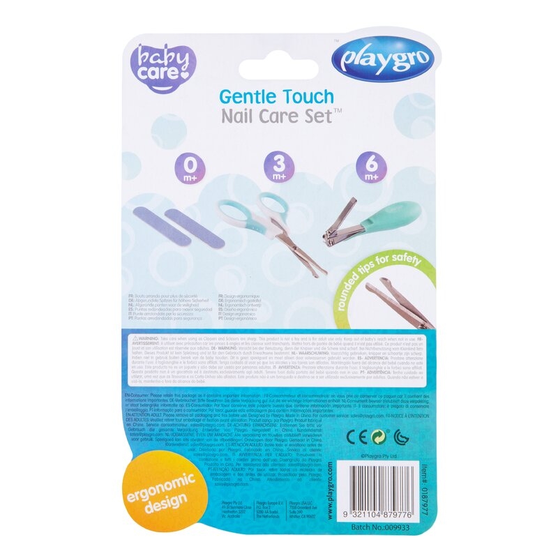 Set de ingrijire, Playgro, Include unghiera, fofecuta si doua pile, Cu manere moi si confortabile, Capete rotunjite la forfecuta, 0 luni+, Gentle Touch Nail Care Set