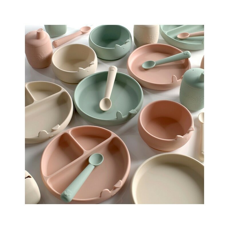 Set de masa, Jane, Din silicon, 2 piese, Cu bol si lingurita, BPA Free, Sand