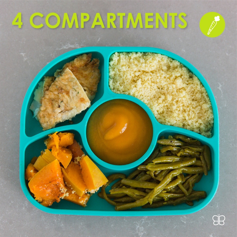 Set de masa, Yumi, Farfurie compartimentata si lingurita, Cu 4 compartimente, Fara BPA, Bbluv, Pink