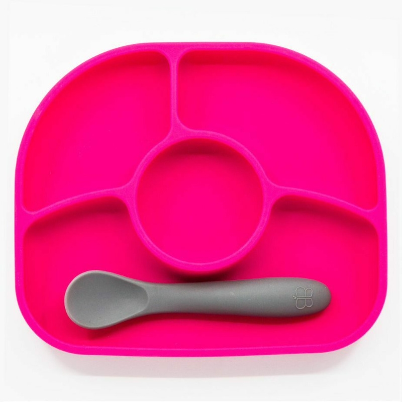 Set de masa, Yumi, Farfurie compartimentata si lingurita, Cu 4 compartimente, Fara BPA, Bbluv, Pink