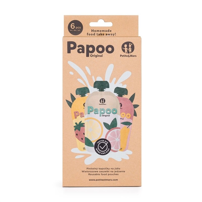 Set de pungi, Petite&Mars, Papoo, Pentru mancare, Reutilizabile, Perfect pentru calatorii, Fara BPA, 150 ml, Multicolor