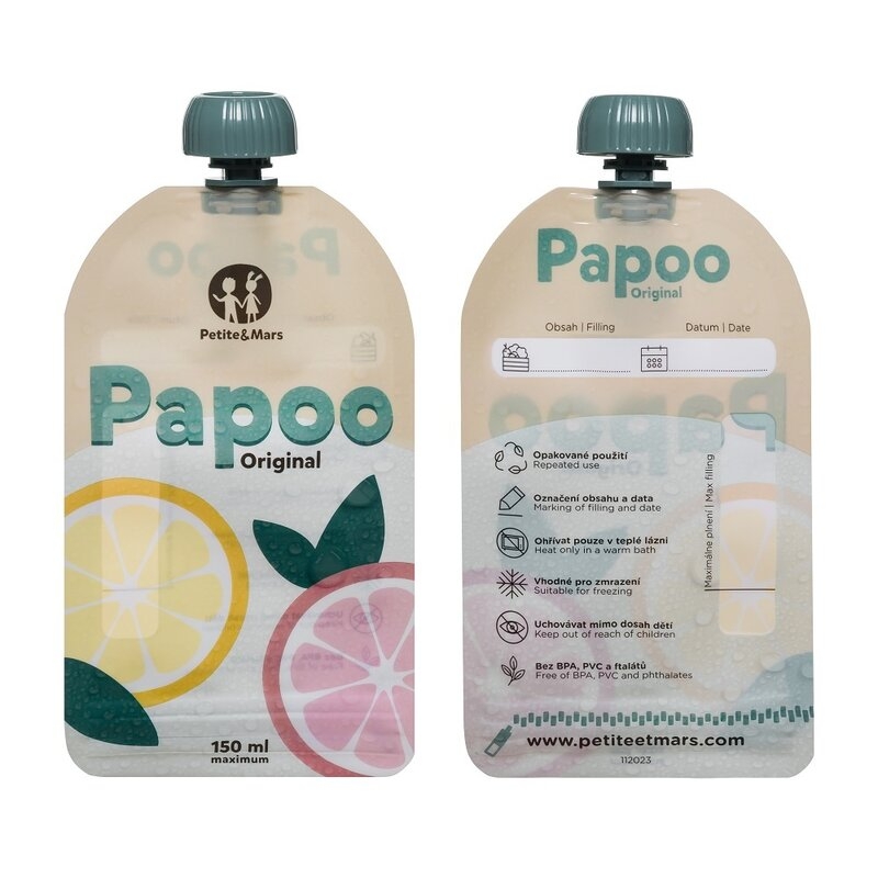 Set de pungi, Petite&Mars, Papoo, Pentru mancare, Reutilizabile, Perfect pentru calatorii, Fara BPA, 150 ml, Multicolor