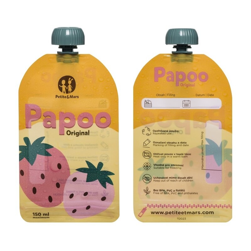 Set de pungi, Petite&Mars, Papoo, Pentru mancare, Reutilizabile, Perfect pentru calatorii, Fara BPA, 150 ml, Multicolor