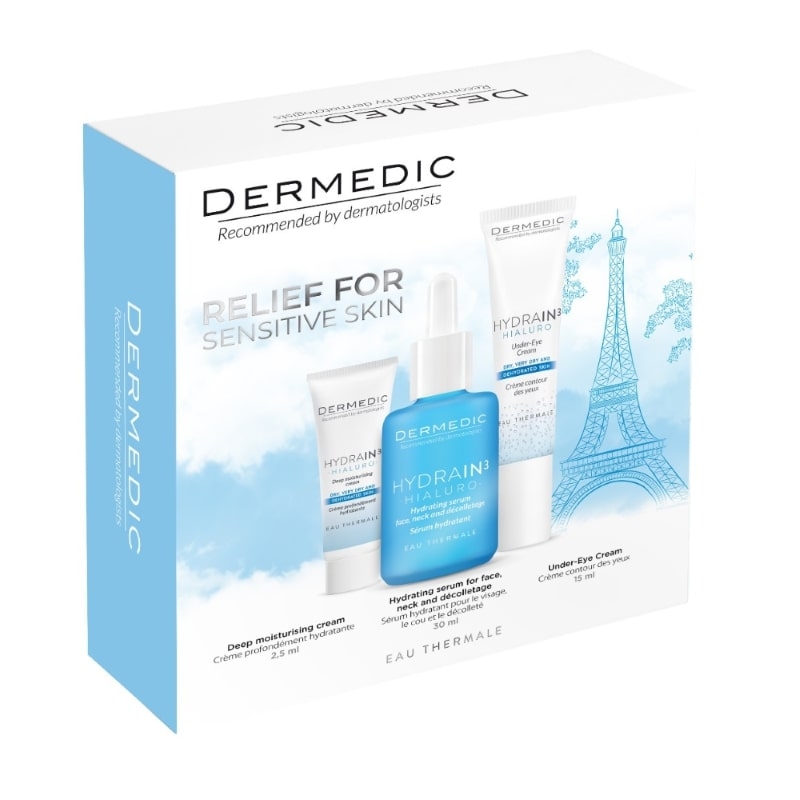 Caseta Hydrain3 Hyaluro Ser 30 ml + Crema contur ochi 15 ml + Crema intens hidratanta 2.5 ml, Dermedic
