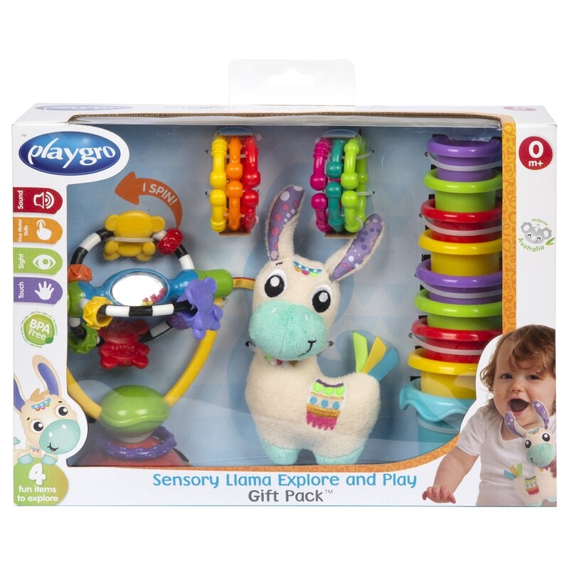 Set jucarii interactive, Playgro, Include 6 cupe pentru stivuire, 6 inele, o jucarie din plus si o jucarie cu ventuza, 6 luni+, Sensory Llama Explore and Play Gift Pack
