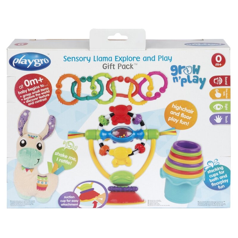Set jucarii interactive, Playgro, Include 6 cupe pentru stivuire, 6 inele, o jucarie din plus si o jucarie cu ventuza, 6 luni+, Sensory Llama Explore and Play Gift Pack
