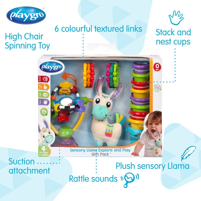 Set jucarii interactive, Playgro, Include 6 cupe pentru stivuire, 6 inele, o jucarie din plus si o jucarie cu ventuza, 6 luni+, Sensory Llama Explore and Play Gift Pack