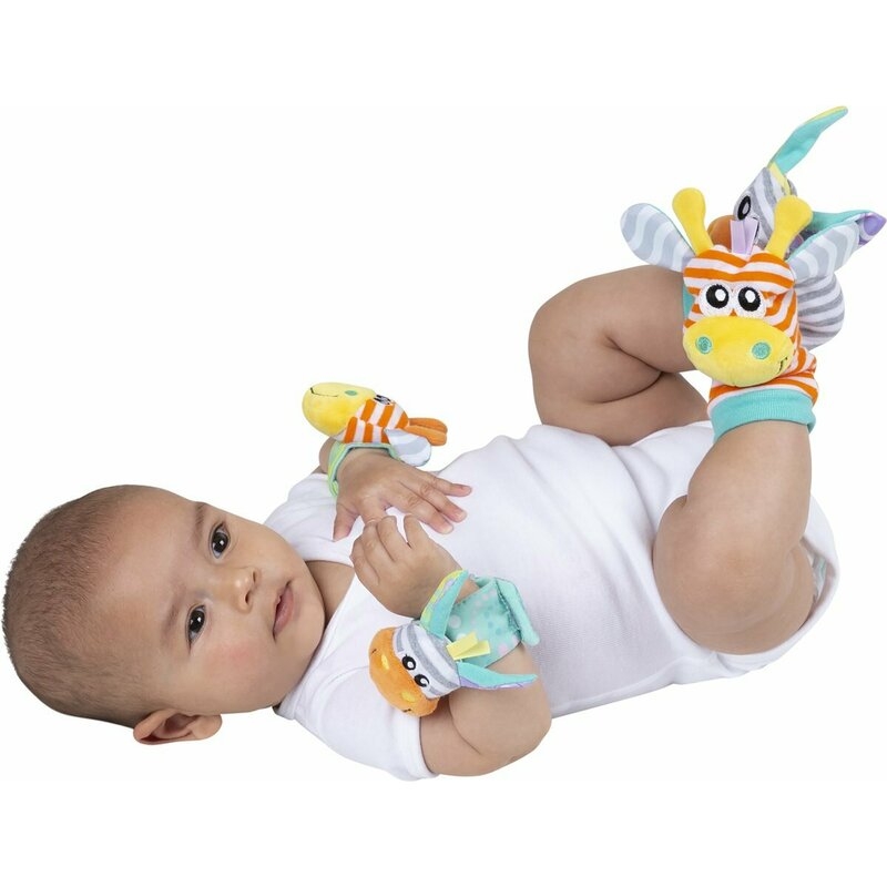 Set jucarii zornaitoare, Playgro, Include sosete interactive si 2 bratari, Inchidere cu velcro, Stimuleaza dezvoltarea senzoriala si tactila, 6 luni+, Jungle Wrist Rattle and Foot Finder