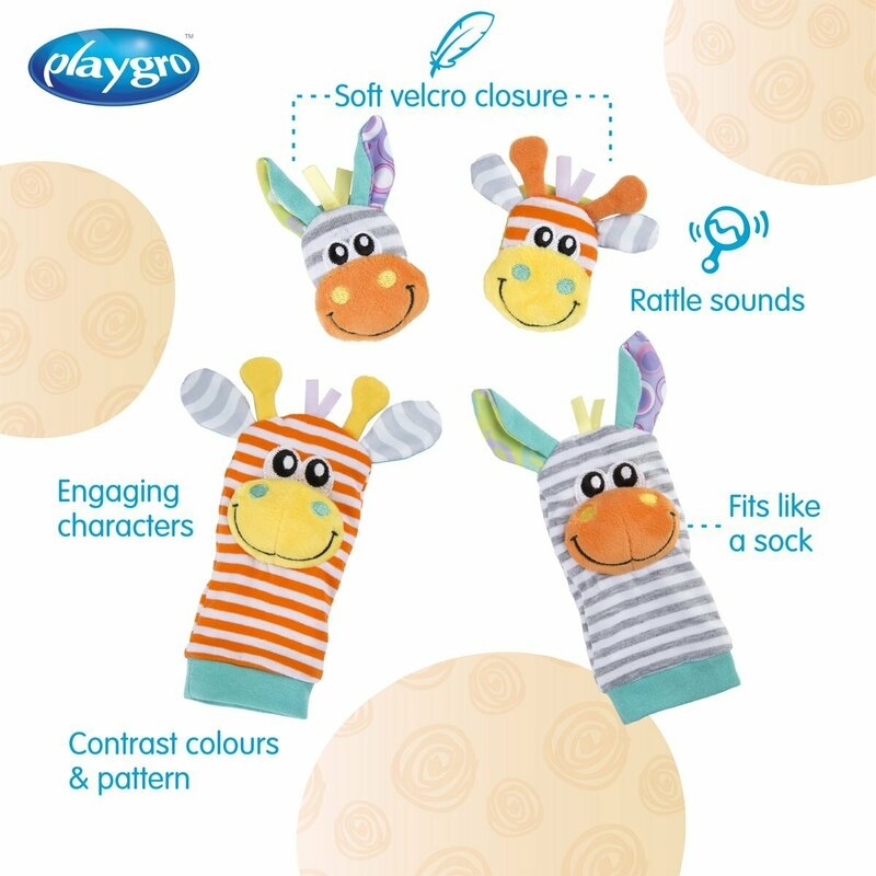 Set jucarii zornaitoare, Playgro, Include sosete interactive si 2 bratari, Inchidere cu velcro, Stimuleaza dezvoltarea senzoriala si tactila, 6 luni+, Jungle Wrist Rattle and Foot Finder
