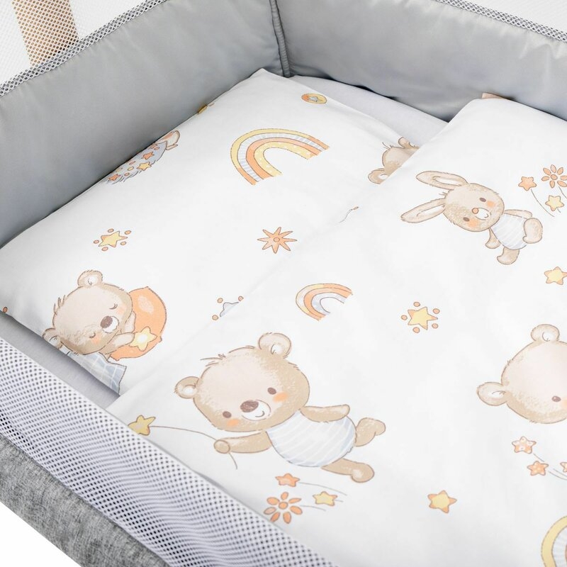 Set lenjerie 5 piese, Bubaba, Pentru patut 90x50 cm, Cu pernuta, paturica, husa pentru paturica, fata de perna, cearceaf pentru saltele 84x46 cm, Happy Friends