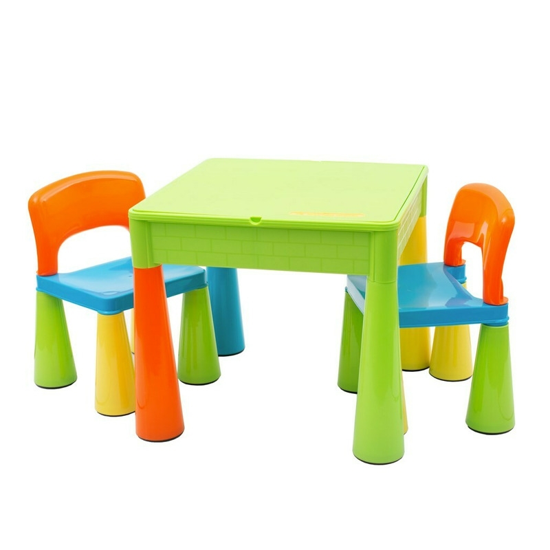 Set masuta si doua scaune pentru copii, Multicolor, Cu parte detasabila si reversibila, Partea reversibila pentru Lego Duplo, New Baby