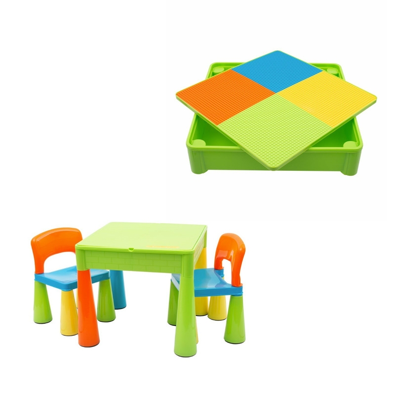 Set masuta si doua scaune pentru copii, Multicolor, Cu parte detasabila si reversibila, Partea reversibila pentru Lego Duplo, New Baby