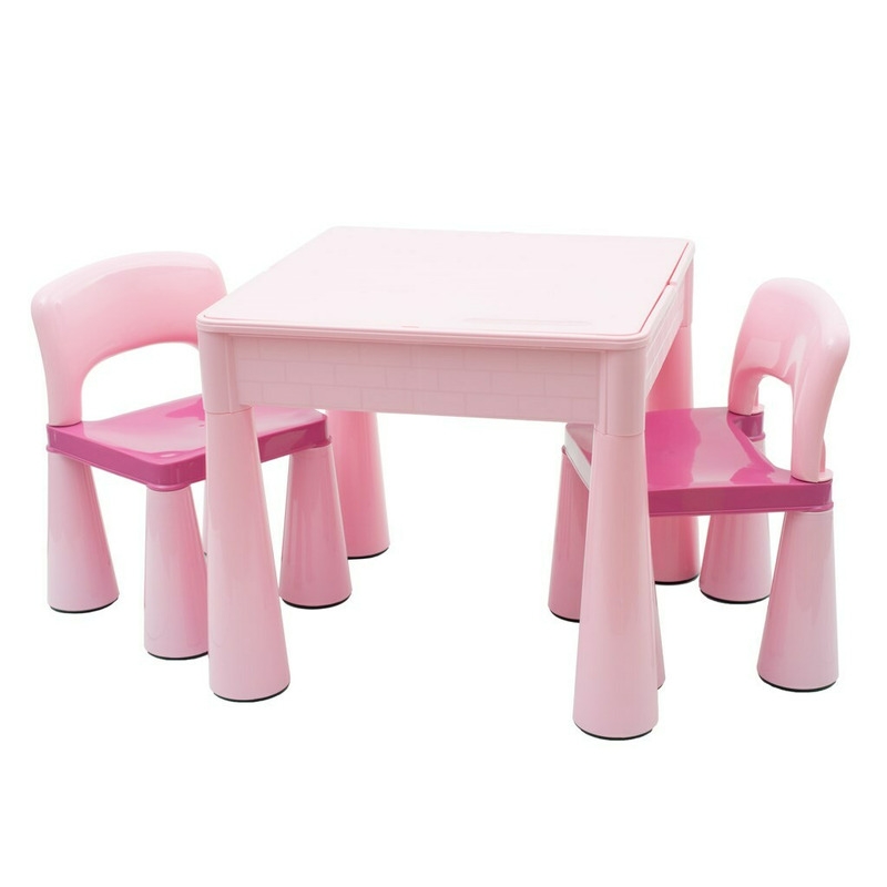 Set masuta si doua scaune pentru copii, Pink, Cu parte detasabila si reversibila, Partea reversibila pentru Lego Duplo, New Baby