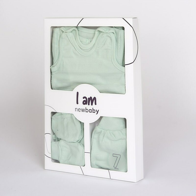 Set pentru bebe, New Baby, I AM, 7 piese, Cu botosei, jacheta maneca lunga, caciulita, body cu maneca lunga, pantalonasi si salopeta cu botosei si manusi, 100% bumbac, Marime 56, 0-3 luni, Mint