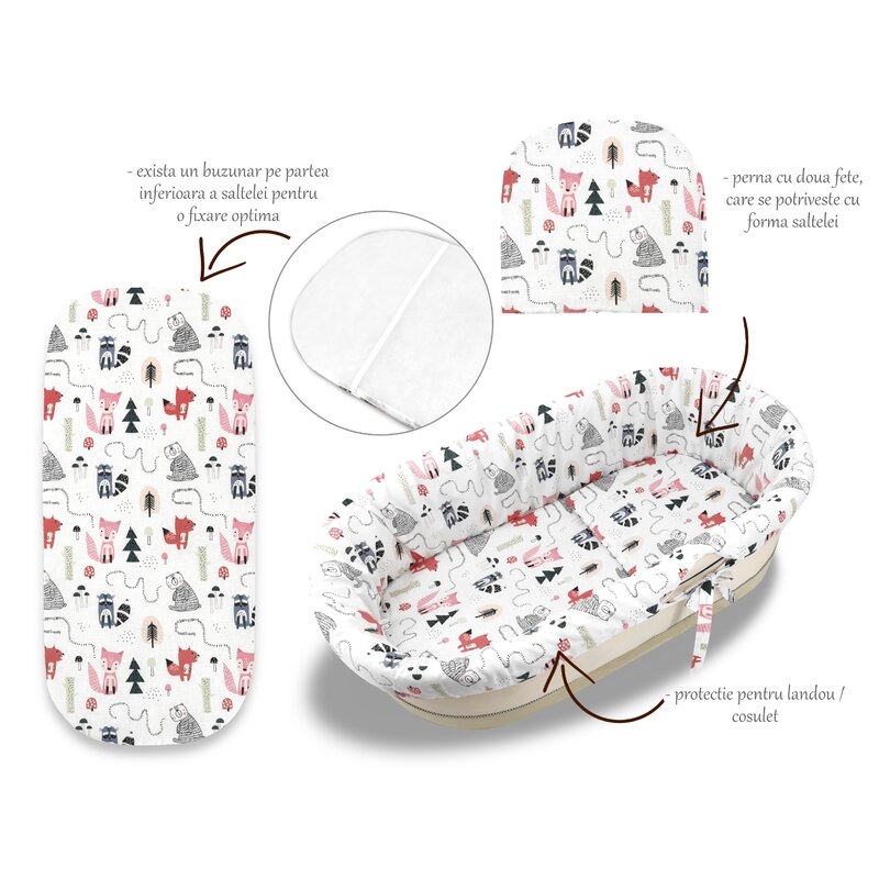 Set pentru landou/cosulet, MimiNu, Cu protectie, saltea si pernuta, Din bumbac certificat Oeko Tex Standard 100, Design, Fox